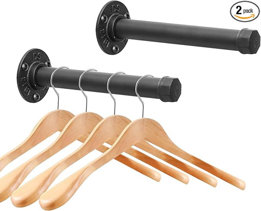 Cast Iron Wall Mounted Clothes Rack, Heavy Duty Industrial Pipe Clothing Rack for Hanging Clothes, Garment Racks for Wardrobe Organizers and Storage, DIY Closet Rods Closet Bar (Black 2 Pack, 8 in)