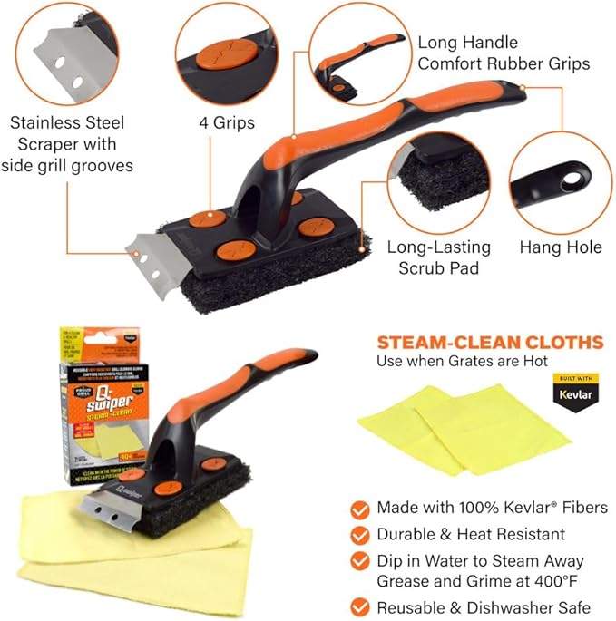 Q-Swiper XL Steam-Clean Grill Cleaning Value Set | Bristle-Free Brush with Scraper | Dipping Tray, 4 Kevlar® Heat Resistant Cleaning Cloths | Safe Way to Steam Away BBQ Grill Grease & Grime