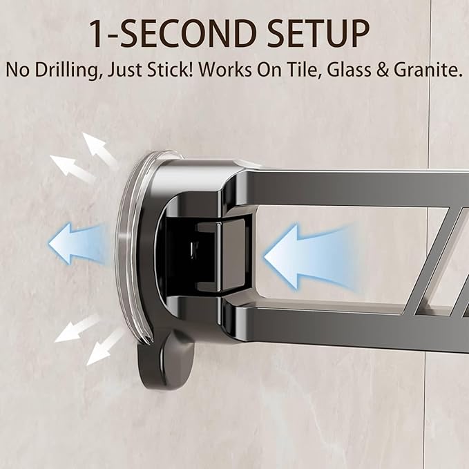 16" Shower Caddy Suction Cup, Concealed Shower Shelves Suction Cup with Hooks & Towel Bar, NO-Drilling Suction Shelf for Bathroom & Kitchen - Gray