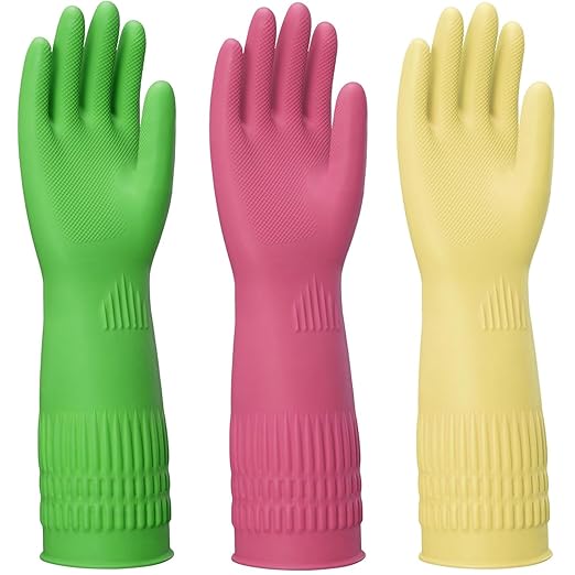 Rubber Gloves for Cleaning – 3 Pairs Reusable Gloves for Dishwashing, Kitchen and Household Tasks, 15-Inch Long, Non-Slip and Waterproof (Large)