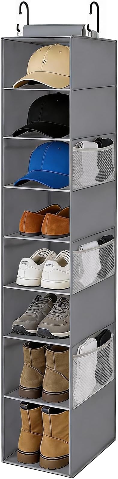 VERONLY Hanging Shoe Organizer for Closet,8-Shelf Hanging Storage with Side Mesh Pockets,Wider Shelves for Baseball Caps,Clothes (9" W × 11.8" D × 54" H) Grey