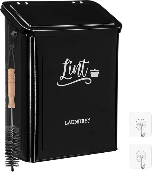 CINPIUK Magnetic Lint Bin for Laundry Room with Brush & Hook - Large Laundry Organizer and Storage, Wall Mounted Trash Can with Lid, Space-Saving Dryer Lint Holder Laundry Room Decor, Black