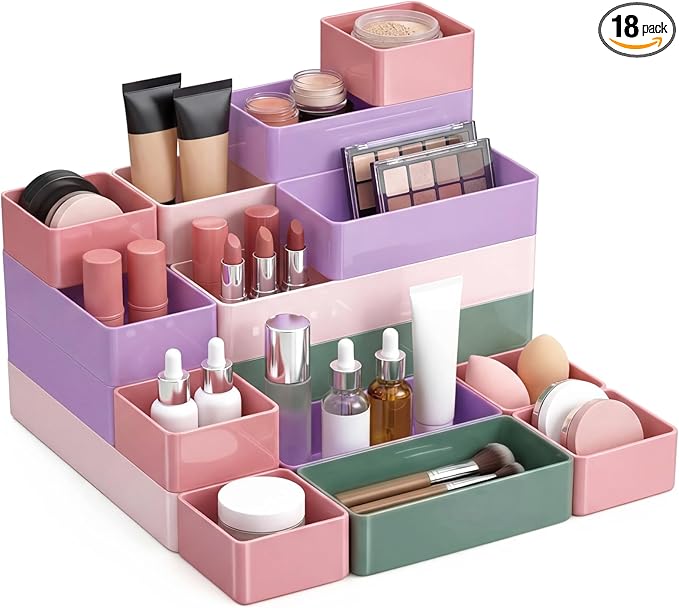 18 Pcs Drawer Organizer Stackable 4 Size Makeup Drawer Organizer Trays Acrylic Bathroom Vanity Storage Bins for Cosmetic, Jewelries, Office Supply, Kitchen Utensils(Multicolor,Glossy)
