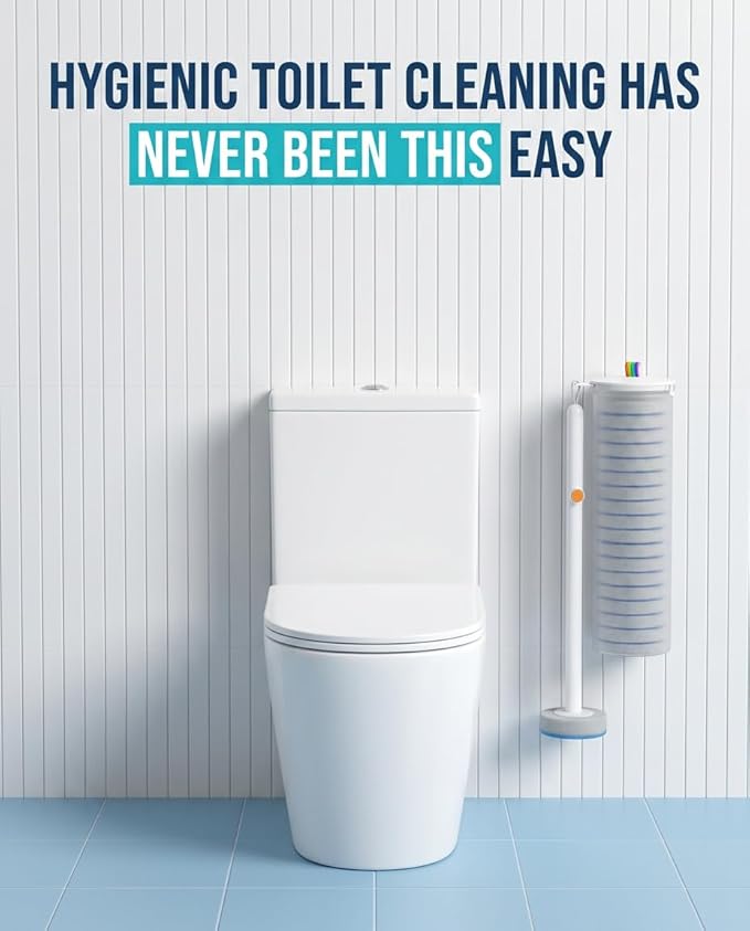 Disposable Toilet Brush, All-in-One Toilet Cleaning System,Toilet Bowl Wand Kit with 18 Count Scrubbing Pads Refills,Wall-Mounted,Compact,Multipurpose