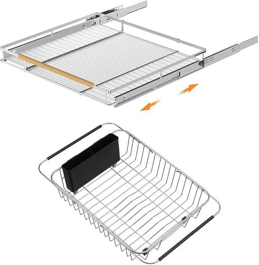 SANNO Expandable Pull Out Drawer Organizer and Storage, Sliding Shelf Under Sink Shelf Expandable Dish Drying Rack in Sink