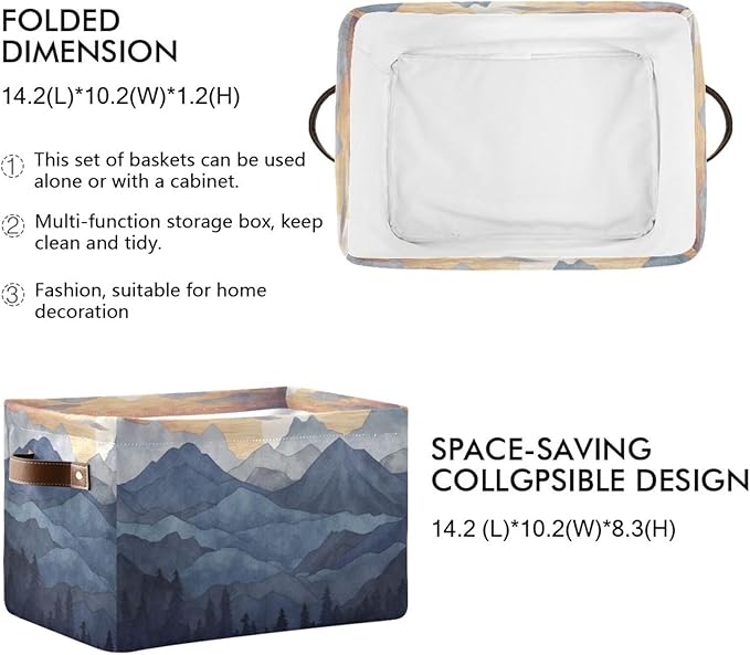 Storage Basket Nature Mountain Rectangular Collapsible Canvas Shelves Storage Bins with Leather Handles for Shelves Home Closet Bedroom Living Room, 1Pack