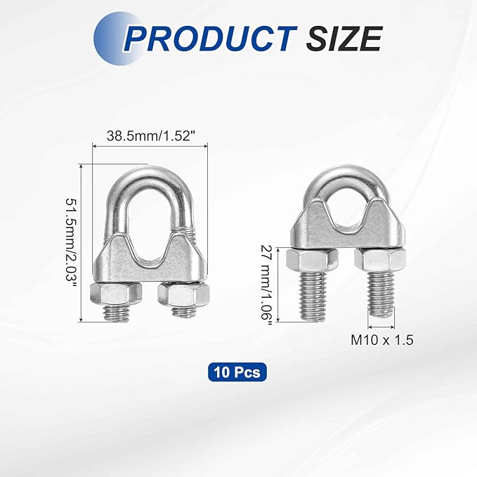 MECCANIXITY 10Pcs Wire Rope Cable Clip Clamps 1/2 Inch M12 Small 304 Stainless Steel U Bolt Saddle Fasteners Hardware for Secure Rigging Marine Guy Line Fence Clothesline, Silver