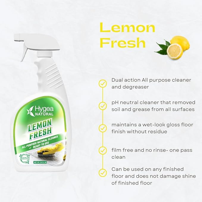 Hygea Natural Lemon Fresh All Purpose Cleaner - Multi-Surface Cleaner - Removes Soil, Dirt & Grease - Wet Gloss Finish - pH-Neutral & Ammonia Free (24oz Spray & 128oz Gallon)