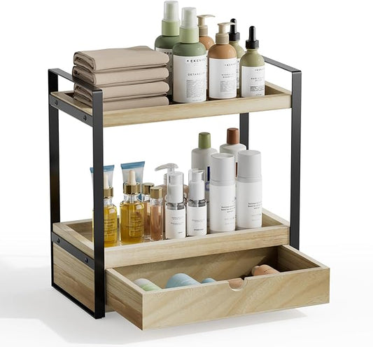 2-Tier Bathroom Organizer Countertop with Drawer, Wood Bathroom Counter Shelf for Storage, Vanity Organizer Countertop for Kitchen, Office