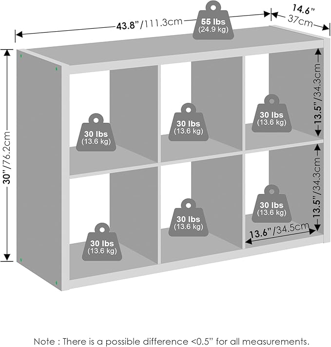 Gray shelving unit with measurements and weight labels on shelves