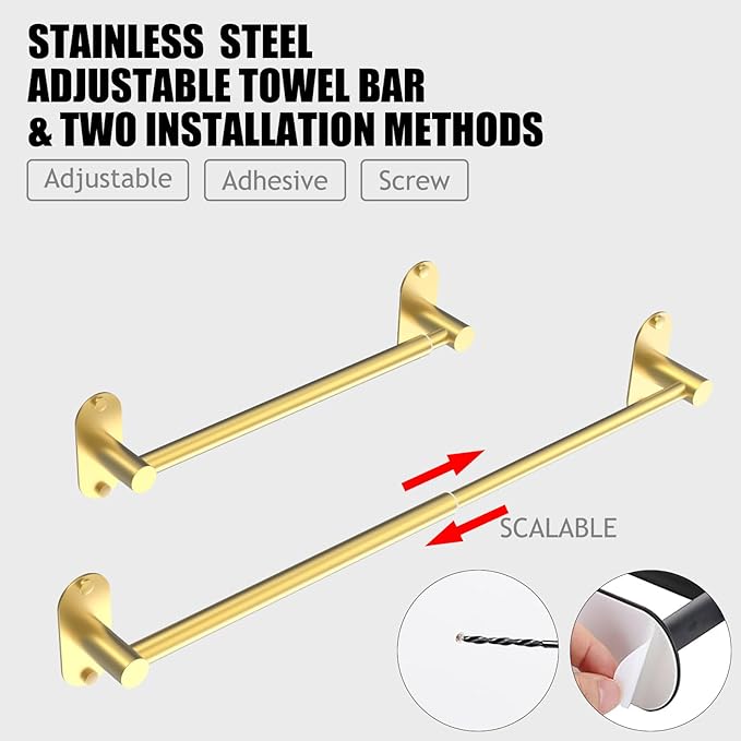 Towel Bar, Adjustable 14.4inch - 25.2inch Towel Rack, Self Adhesive & Wall Mounted for Bathroom Kitchen Hand Towel Holder Cloths Hanger SUS 304 Stainless Steel Organizer Single Bar (3, Gold)