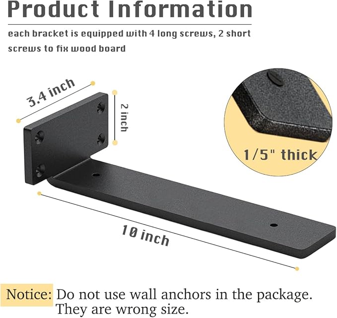 8 Pack Shelf Brackets 10 Inch Floating Shelf Bracket 1/5 inch Thick Heavy Duty Hidden Shelf Brackets Iron Metal Brackets for Shelf Support with Screw Included