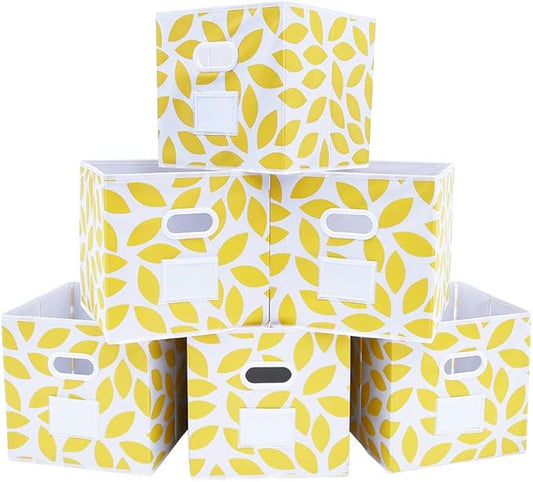 MAX Houser Fabric Storage Bins Cubes Baskets Containers with Dual Plastic Handles for Home Closet Bedroom Drawers Organizers, Flodable, Set of 6 (Yellow)