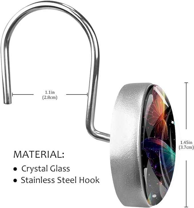 12 Packs Starry Sky and Fantasy Butterfly Shower Curtain Hooks, Stainless Steel Glass Shower Curtain Rings for Bathroom Decor, Metal Rustproof Curtain Rod Hooks