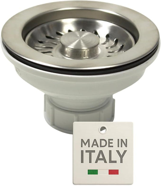 Nantucket Sinks 3-1/2 Kitchen Drain Assembly Kit for Fireclay Kitchen Sinks, with Basket Strainer, 304 Stainless Steel, Extended Ferrule, Made in Italy NS35L-EXT