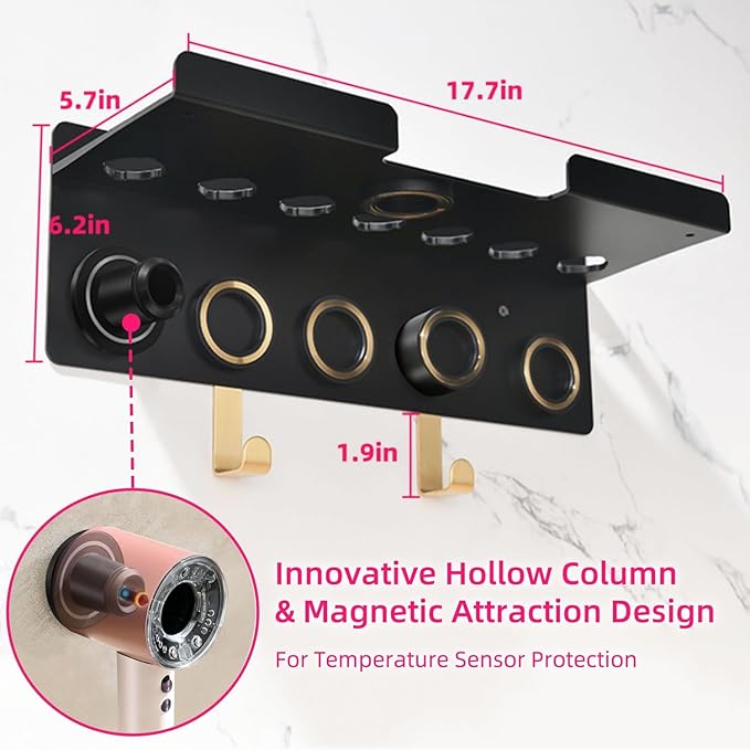 Dyson Airwrap Holder, Dyson Airwrap Wall Mount, 2in1 Dyson Airwrap Organizer and Dyson Hair Dryer Holder, Dyson Hair Dryer Stand for Dyson Airwrap Styler & Supersonic Nural Black UEMUSI