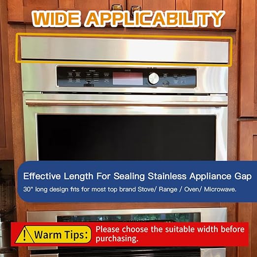 2Pcs 304 Brushed Stainless Steel Sheet Gap Filler, Metal Trim Strip for Wall Oven/Microwave Combo/Range/Cooktop, Self-Adhesive Gap Cover, 30 Inches Long, 2 Inches Wide