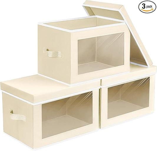Collapsible Storage Bins with Lids - Stackable Storage Boxes with Window, 15.7 Inch Fabric Organizing Bins for Closet, Home & Office Organization Baskets, Beige, 3 Pack