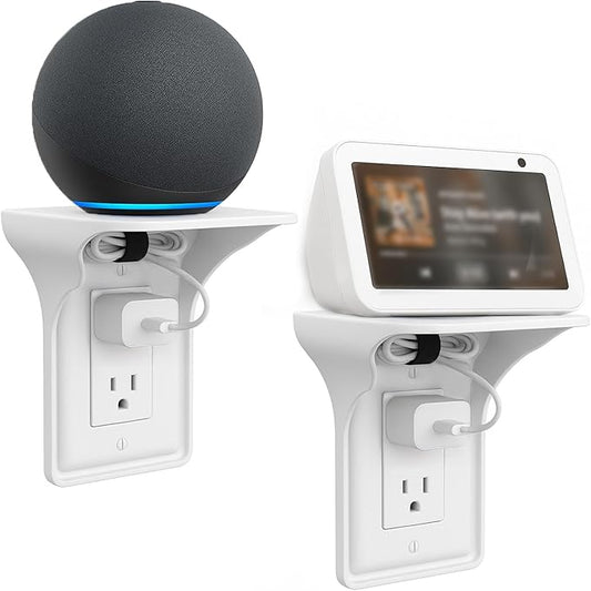 (2 Pack) Outlet Shelf – Wall Mount Organizer for Echo Dot, HomePod Mini, Alexa and Smart Home Devices – Bathroom Space Saver, Renter-Friendly for Kitchen, Bedroom, Office