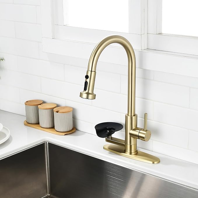 Kitchen Faucet with Glass Rinser, Pull Down Sink Faucet with 3 Spray Modes and High Pressure Glass Rinser, Single Hole 2 in 1 High Arc Stainless Steel Kitchen Faucets (Brushed Golden)