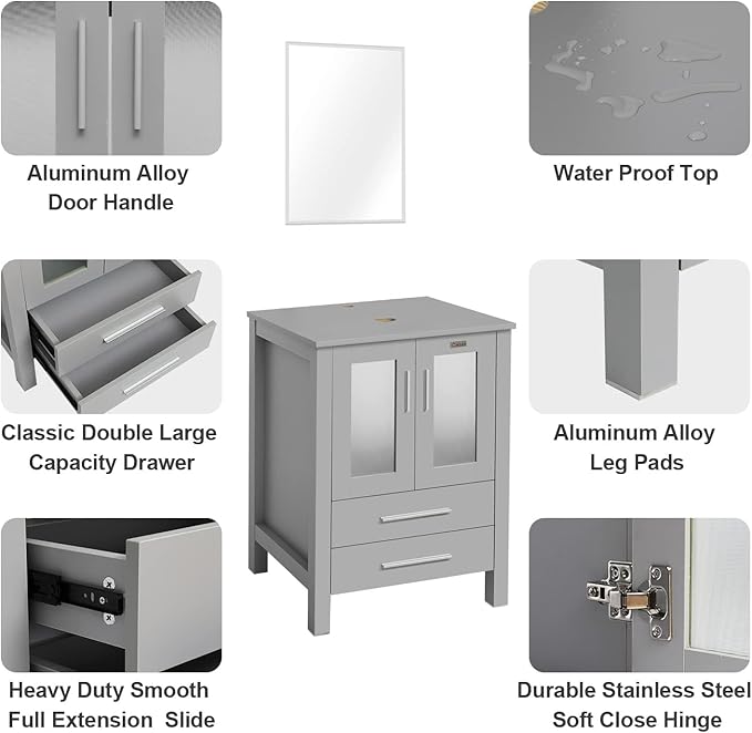 eclife 60" Modern Bathroom Vanity Sink Combo Freestanding Cabinet with Small Side Cabinet, White Shell Ceramic Vessel Sink, Water Save Faucet, Drain (Gray+T54)