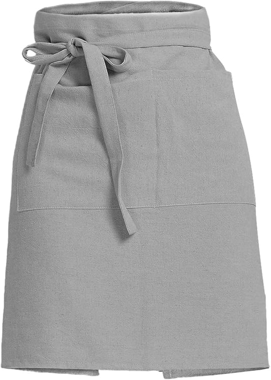 Cityelf Linen Server Apron Cotton Bistro Half Apron with Large Pockets Waist Kitchen Apron for Cooking Waitress