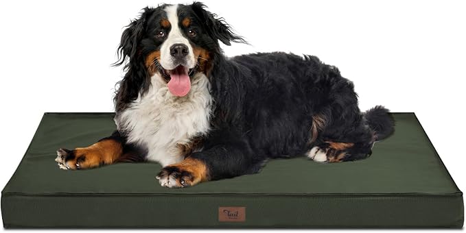 Outdoor All Weather Dog Bed, XXL Waterproof Dog Bed for Large Dogs, Orthopedic Egg Crate Foam Pet Mat with Removable Washable Oxford Cooling Cover, 47x29 Inch, Dark Green