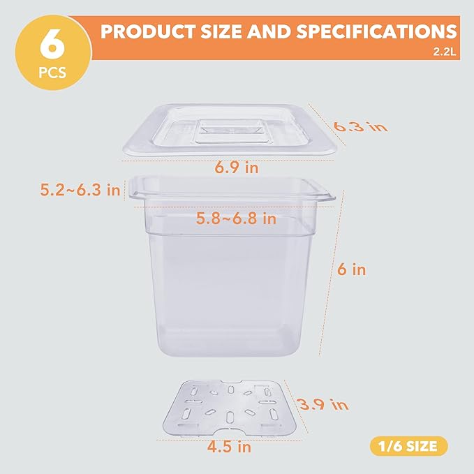 1/6 6'' 6 Pack NSF Commercial Food Pans with Lids & Drain Tray, 1/6 Size 6 Inch Deep Restaurant Containers, Food Storage with Capacity Scale, Restaurant Supplies Hotel Pan, Polycarbonate