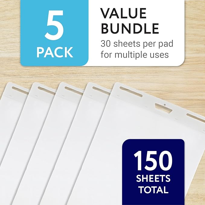 IMPRESA Sticky Easel Pads - Strong Adhesive for Office Supplies - Portable for Flip Chart Easels - Heavyweight White Surface for Art Supplies - 25 x 30 in, White, Pack of 5, 150 Sheets