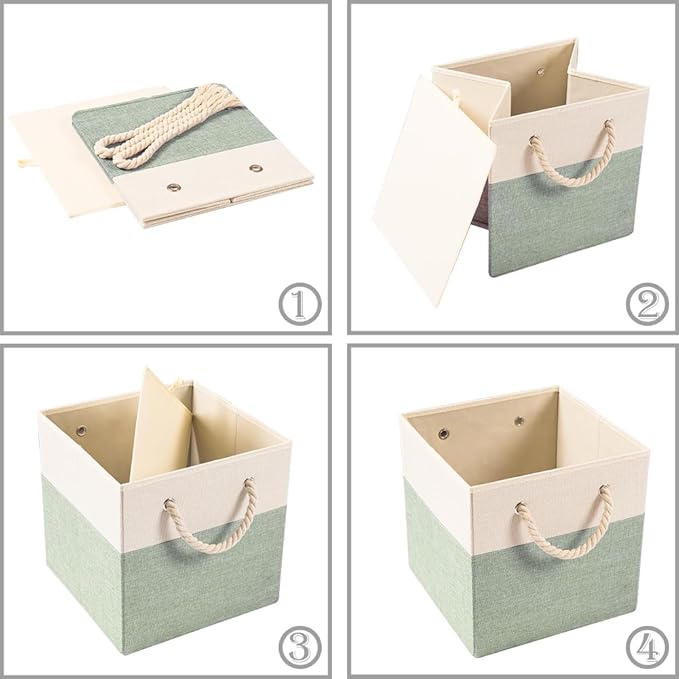 PRANDOM Large Foldable Cube Storage Bins 11x11 inch [2-Pack] Fabric Linen Storage Baskets Cubes Drawer with Cotton Handles Organizer for Shelves Nursery Closet Bedroom Beige/Green