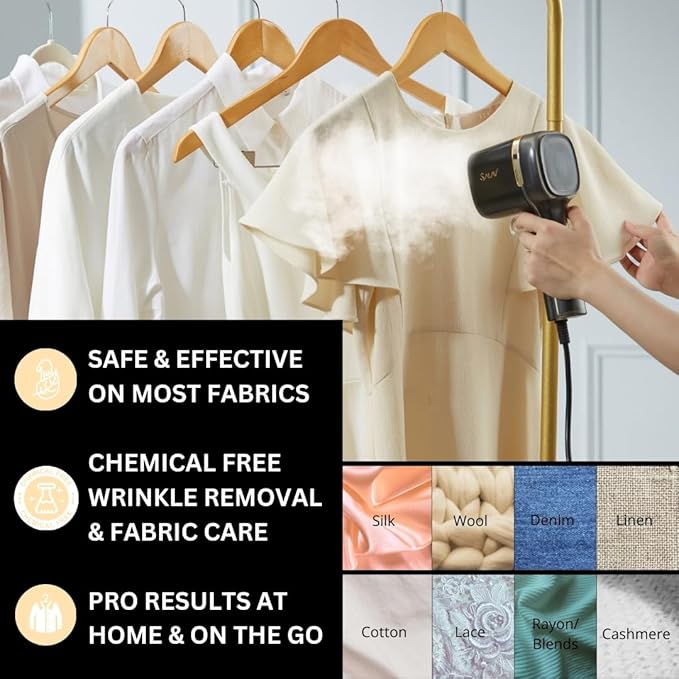 SALAV® Quicksteam Portable Travel Hand Held Garment Steamer for Clothes, 10 seconds Fast Heating Time, Removes Wrinkles on Clothes and Fabrics, No Drip Steam, Stainless Steel Plate