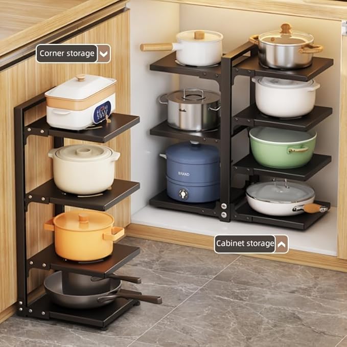 adjustable Pot and Pan Organizer for Cabinets - kitchen cabinet No Drill Storage Rack, Fits 24 Inch Deep Shelves, Space Saving Under Shelf Design (each layer Max Load 15lbs)