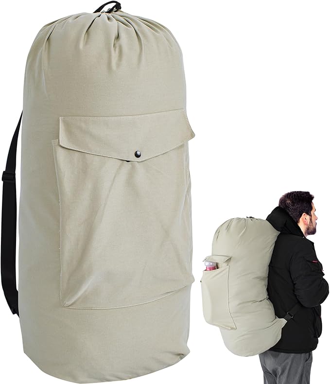 Sanlykate Canvas Backpack Laundry Bag - Extra Large Durable Dirty Clothes 2-3 Days Capacity with Adjustable Shoulder Strap & Front Pocket, for College Dorm, Apartment, Laundromats, Camping Travel