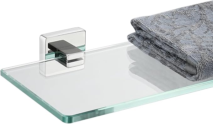 JQK Bathroom Glass Shelf Chrome, Tempered Glass Shower Storage 12 by 5 inches, 304 Stainless Steel Polished Chrome Wall Mount, TGS201L12-CH