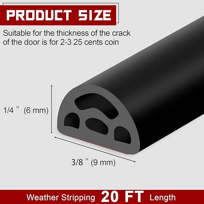20Ft EPDM Rubber Weather Stripping Door Seal, Self-Adhesive Rubber Window Seal – Soundproof Weather Stripping Door Seal Strip for Doors & Windows(Black)