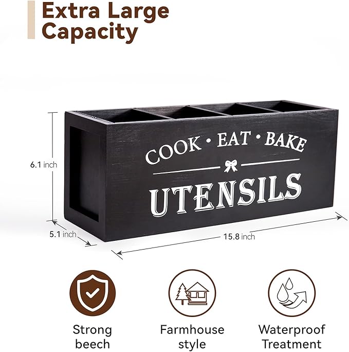 Utensil holder for Kitchen Counter Large Round Utensils Holder with Wooden Base Matte Black Cooking Utensil Holder，Kitchen countertop Utensil Organize (Black-4 Compartments)