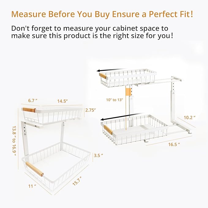 Under Sink Organizer 2 Pack, 2 Tier Pull Out Cabinet Organizers and Storage for Kitchen Bathroom Pantry Laundry, Adjustable Height, Slide Out Thickened Metal Storage Shelf (Black, 2 Pack)