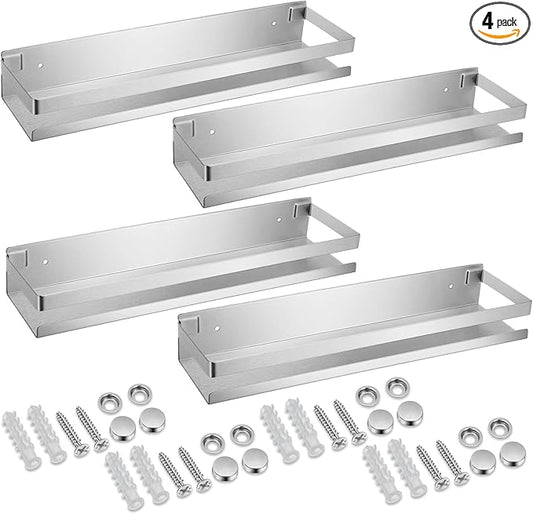 Lallisa 4 Pieces Stainless Steel Shelf Bathroom Shower Floating Shelves Wall Mounted Shower Caddy Basket Shelf Storage Organizer Shelves for Bathroom, Kitchen, Living Room, Silver, 15.75 Inch