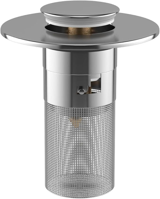 Click Clack Bathroom Sink Drain Stopper with 304 Stainless Steel Filter Basket, Detachable Design, Brass Bounce Setting, Fits Inner Diameters 1.10-1.25 in (28-32mm) (1PCS)