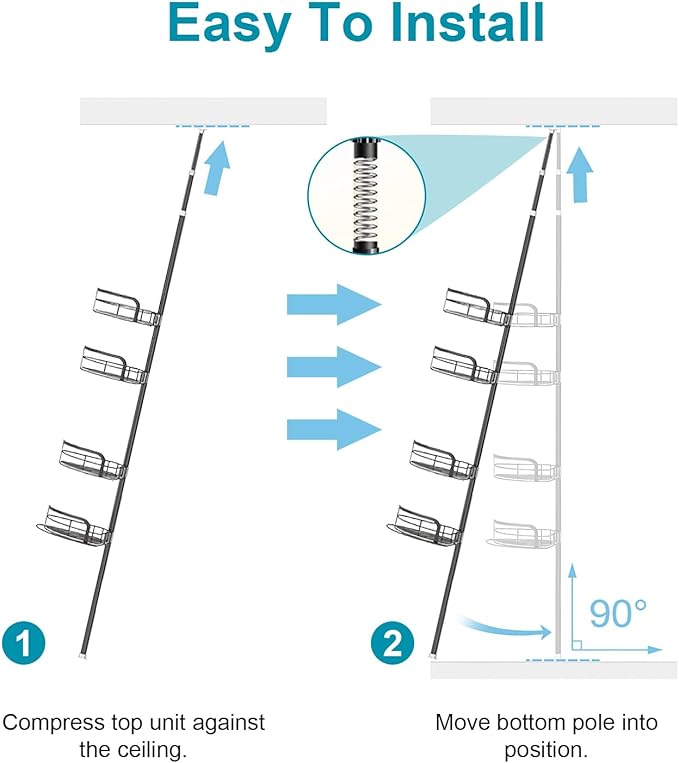 Corner Shower Caddy Tension Pole, Upgraded Adjustable Corner Shower Caddy Organizer with Hooks, 4-Tier Shelf Inside Shower Bathtub Organizers & Storage, Thickend Rustproof Steel, 33 to 116 Inch Height