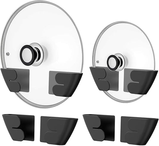 Universal Adjustable Pot Lid Organizer for Cabinet - Upgraded Patented Set of 4 Pan Lids Organizers Inside Cabinet Door Wall Mount Pots Top Holder for Kitchen Cupboard, Fits 6" to 14" (Black)