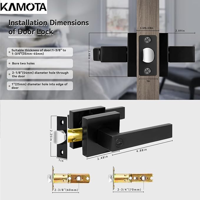 KAMOTA Privacy Door Levers, 4 Pack Matte Black Door Handles Bed and Bath Door Locks Interior Keyless Locksets, Left and Right Hand Reversible