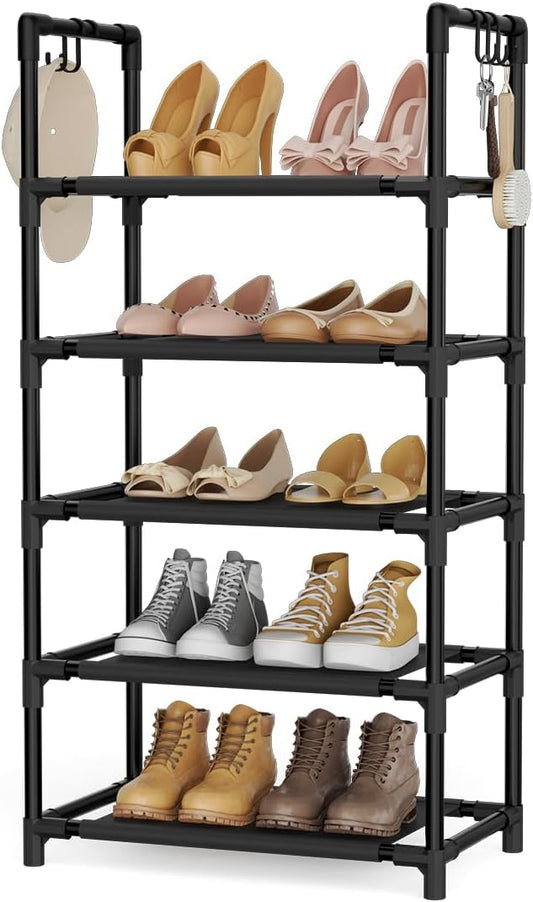 LANTEFUL 5 Tiers Shoe Rack 12-15 Pairs Boots Organizer Storage Sturdy Narrow Shoe Shelf for Entryway, Closets with Hooks, Black