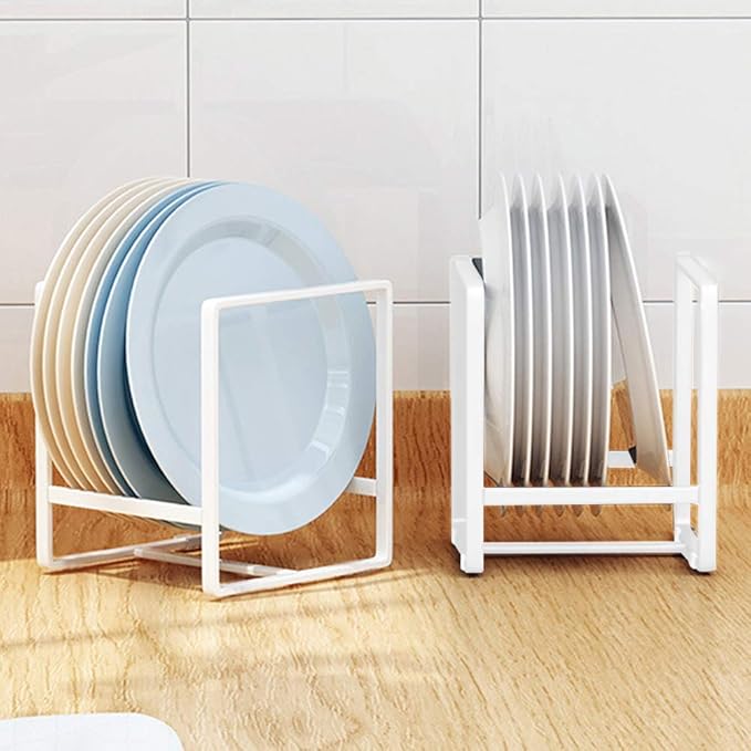 2PCS Plate Holders Organizer, Metal Dish Storage Dying Display Rack for Cabinet, Counter and Cupboard - White， Small