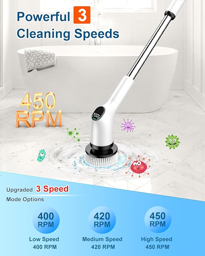 Electric Spin Scrubber, 2024 Upgrade Cordless Shower Scrubber with 8 Replaceable Brush Heads and 3 Adjustable Speeds, LED Screen and Extension Handle (Black)