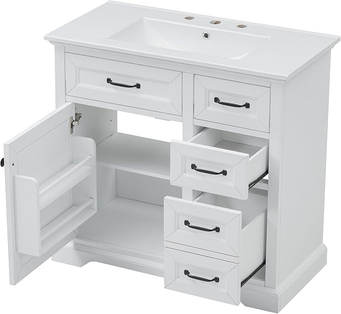Christopher Knight Home 36" Bathroom Vanity with Ceramic Sink, Wooden Bathroom Vanity Organizer, Bathroom Storage Cabinet, Pedestal Sink Storage Cabinet, Adjustable Door Shelves+Drawer, White