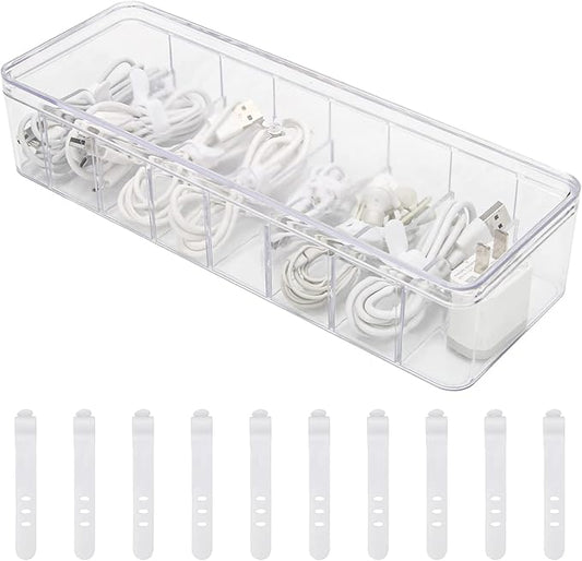 Cable Organizer Storage Box Plastic Cable Cord Management Box Power Cord Organizer Case with 10Pcs Rubber Ties for Office, Home, Desk Accessories Storage Stationery Supplies