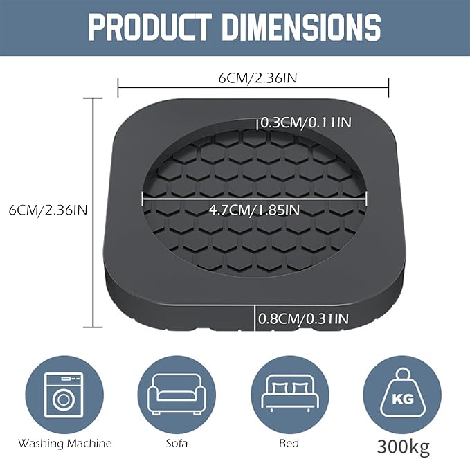 Shock Absorbing Mat-Square, Anti Vibration Pads for Washing Machine, Anti Vibration Pads Prevent Washer & Dryer Moving Shaking Walking, Floor Protector 4 Pack