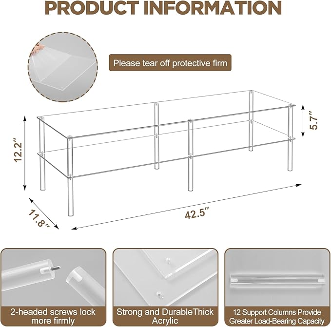 2 Tier Acrylic Long Shoe Shelf Clear Acrylic Shoe Organizer, 42.5" L x 11.8" W x 12.2" H, Holds 10 to 12 Pairs for Heels, Sneakers, Flats in Closet, Entryway, Bedroom, Easy Assembly & Clean