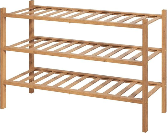 Kitsure Bamboo Wooden Shoe Rack for Closet - Stackable Shoe Organizer with Modular Structure, Space-Saving Shoe Shelf for Entryway, Living Room, Bedroom, 26.8" Wide - 3 Tiers, Brown